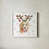 Holiday Paws VI by Beth Grove. Shown in a crisp white glass frame for a clean and minimalist style. Available as an archival giclee rolled canvas, fine art paper, or poster print. SKU 46078a.