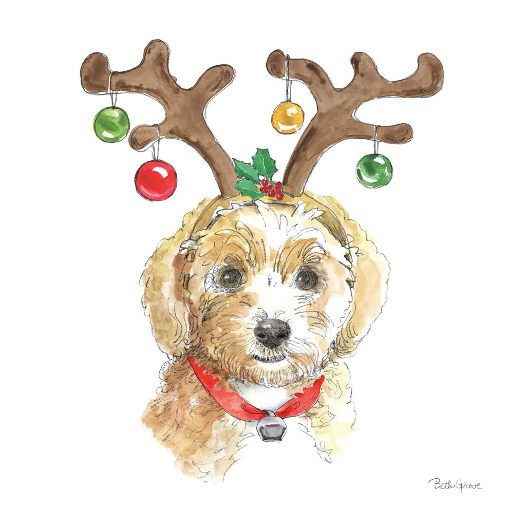 Holiday Paws VI on White by Beth Grove. SKU 50884a. Archival Giclee Fine art print for wall decor.