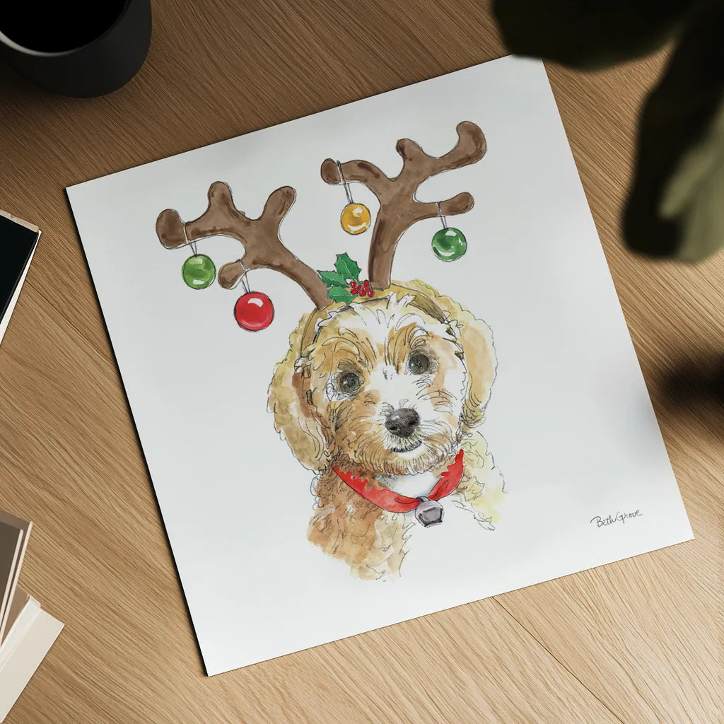 Holiday Paws VI on White by Beth Grove. Shown as a detailed flat fine art print, highlighting archival giclee quality. Available as an archival giclee rolled canvas, fine art paper, or poster print. SKU 50884a.