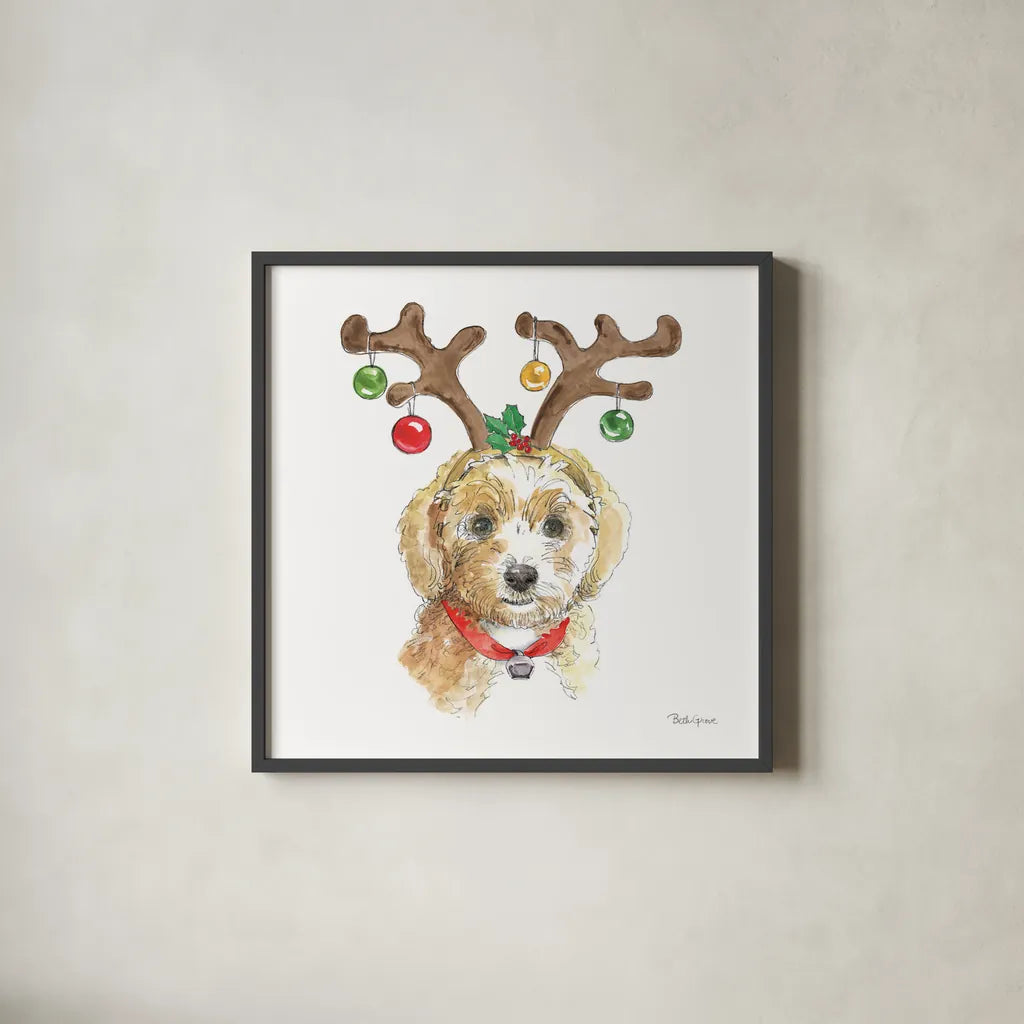 Holiday Paws VI on White by Beth Grove. Shown in a sleek black glass frame for a contemporary gallery look. Available as an archival giclee rolled canvas, fine art paper, or poster print. SKU 50884a.