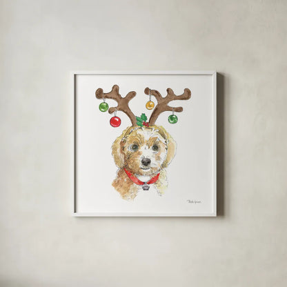 Holiday Paws VI on White by Beth Grove. Shown in a crisp white glass frame for a clean and minimalist style. Available as an archival giclee rolled canvas, fine art paper, or poster print. SKU 50884a.