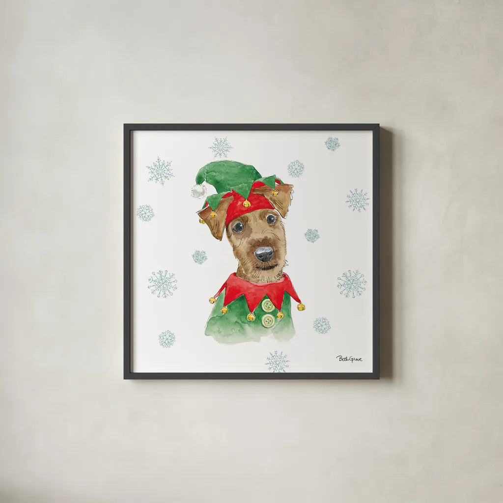 Holiday Paws VII by Beth Grove. Shown in a sleek black glass frame for a contemporary gallery look. Available as an archival giclee rolled canvas, fine art paper, or poster print. SKU 46079a.