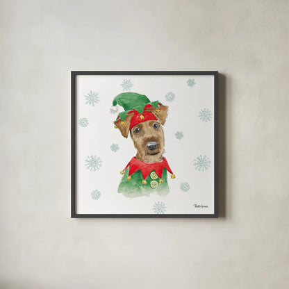 Holiday Paws VII by Beth Grove. Shown in a sleek black glass frame for a contemporary gallery look. Available as an archival giclee rolled canvas, fine art paper, or poster print. SKU 46079a.