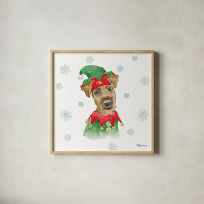 Holiday Paws VII by Beth Grove. Shown in a natural wood glass frame for a timeless modern aesthetic. Available as an archival giclee rolled canvas, fine art paper, or poster print. SKU 46079a.