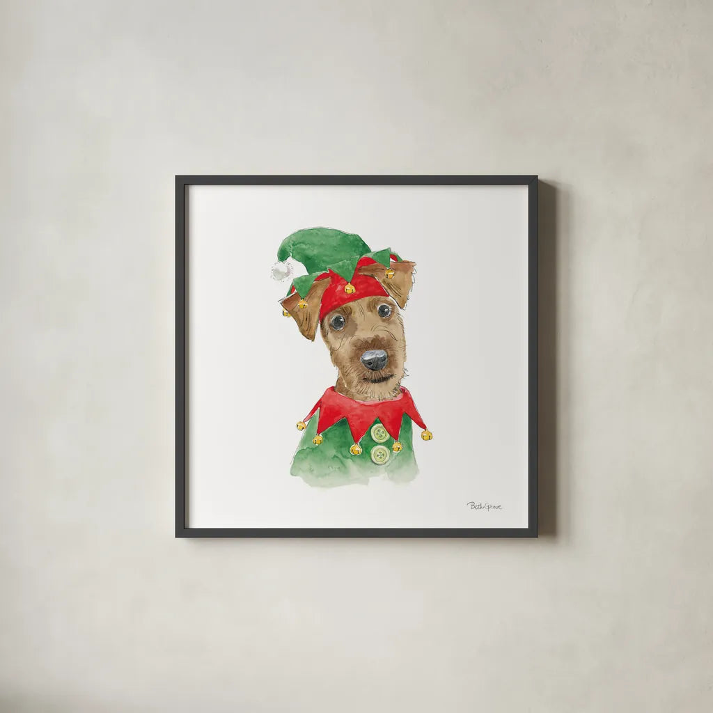 Holiday Paws VII on White by Beth Grove. Shown in a sleek black glass frame for a contemporary gallery look. Available as an archival giclee rolled canvas, fine art paper, or poster print. SKU 50885a.