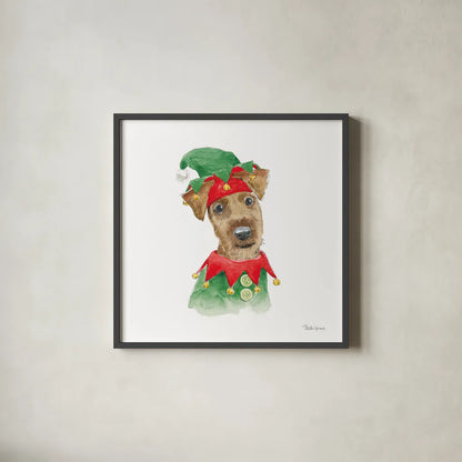 Holiday Paws VII on White by Beth Grove. Shown in a sleek black glass frame for a contemporary gallery look. Available as an archival giclee rolled canvas, fine art paper, or poster print. SKU 50885a.