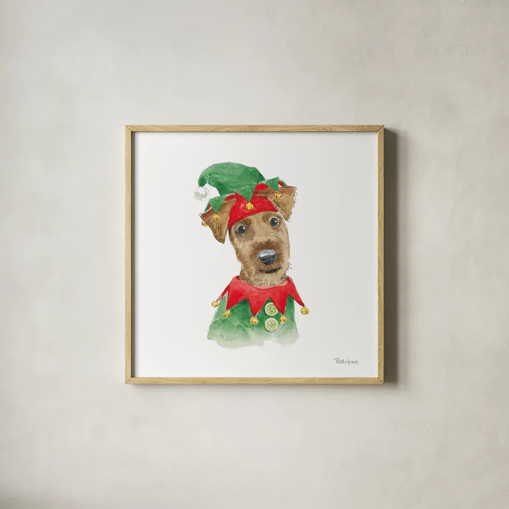 Holiday Paws VII on White by Beth Grove. Shown in a natural wood glass frame for a timeless modern aesthetic. Available as an archival giclee rolled canvas, fine art paper, or poster print. SKU 50885a.
