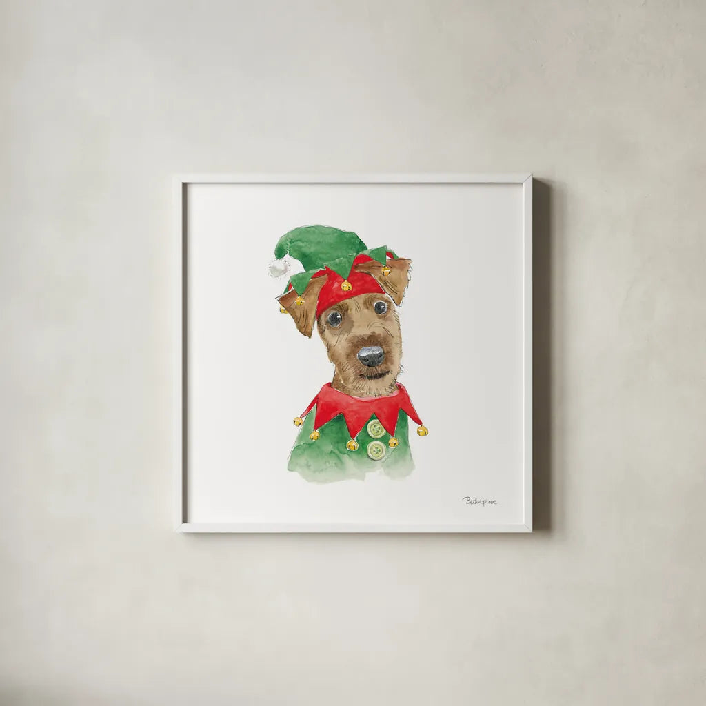 Holiday Paws VII on White by Beth Grove. Shown in a crisp white glass frame for a clean and minimalist style. Available as an archival giclee rolled canvas, fine art paper, or poster print. SKU 50885a.