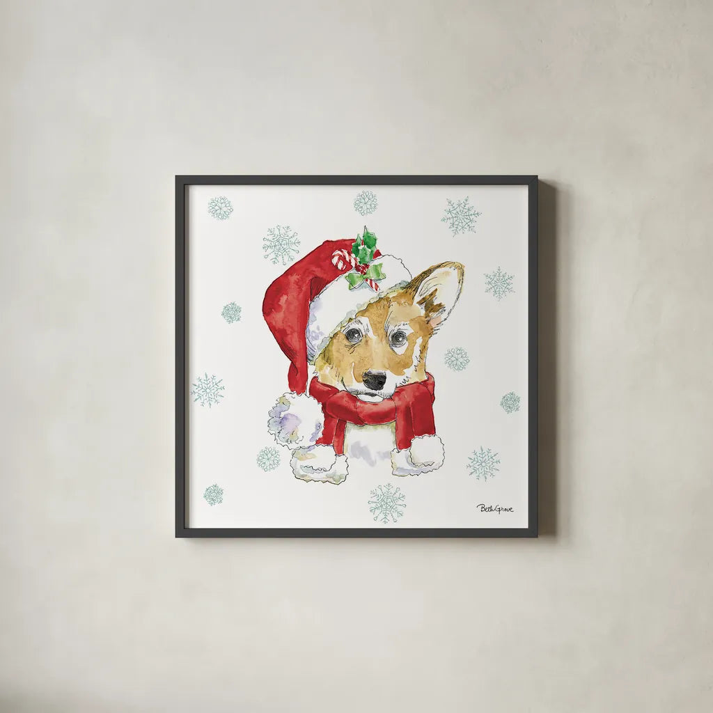 Holiday Paws VIII by Beth Grove. Shown in a sleek black glass frame for a contemporary gallery look. Available as an archival giclee rolled canvas, fine art paper, or poster print. SKU 46080a.