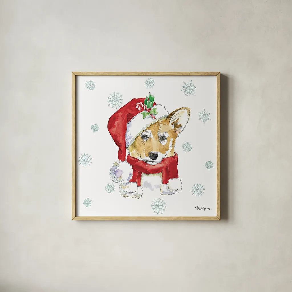 Holiday Paws VIII by Beth Grove. Shown in a natural wood glass frame for a timeless modern aesthetic. Available as an archival giclee rolled canvas, fine art paper, or poster print. SKU 46080a.