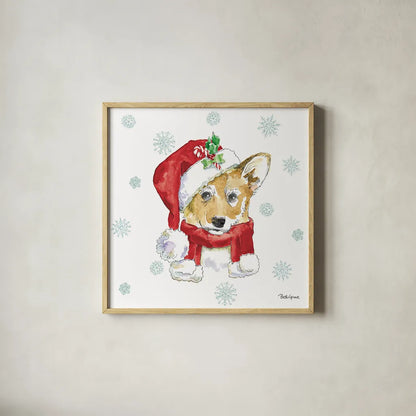 Holiday Paws VIII by Beth Grove. Shown in a natural wood glass frame for a timeless modern aesthetic. Available as an archival giclee rolled canvas, fine art paper, or poster print. SKU 46080a.