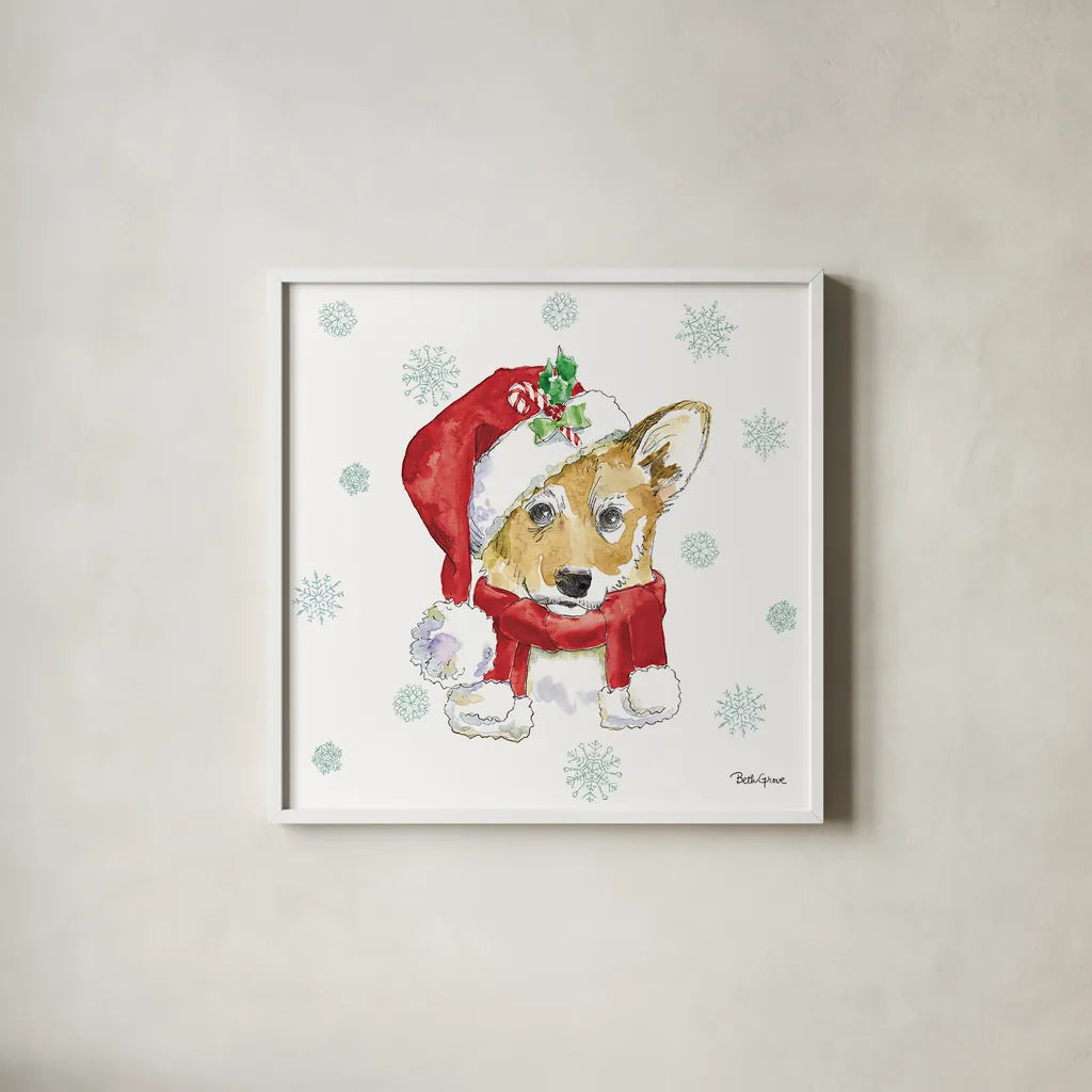 Holiday Paws VIII by Beth Grove. Shown in a crisp white glass frame for a clean and minimalist style. Available as an archival giclee rolled canvas, fine art paper, or poster print. SKU 46080a.