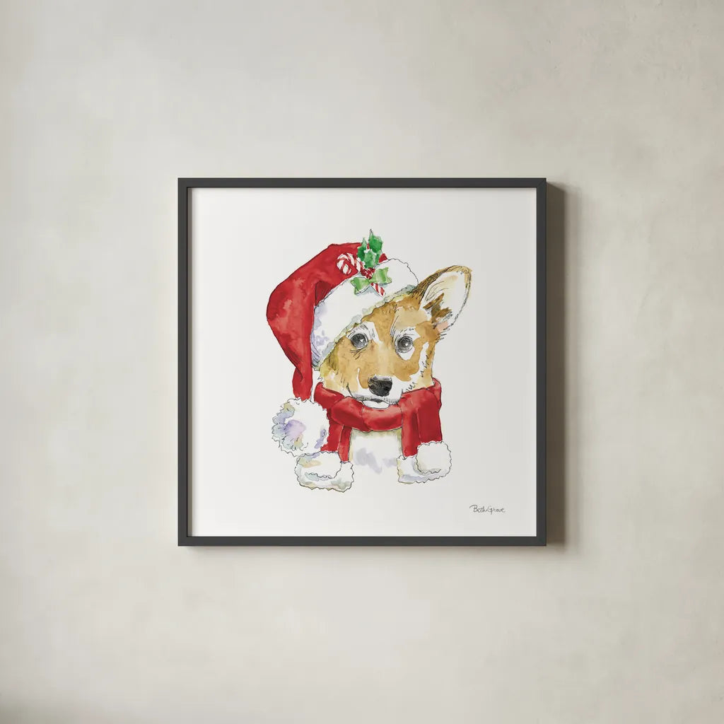 Holiday Paws VIII on White by Beth Grove. Shown in a sleek black glass frame for a contemporary gallery look. Available as an archival giclee rolled canvas, fine art paper, or poster print. SKU 50886a.