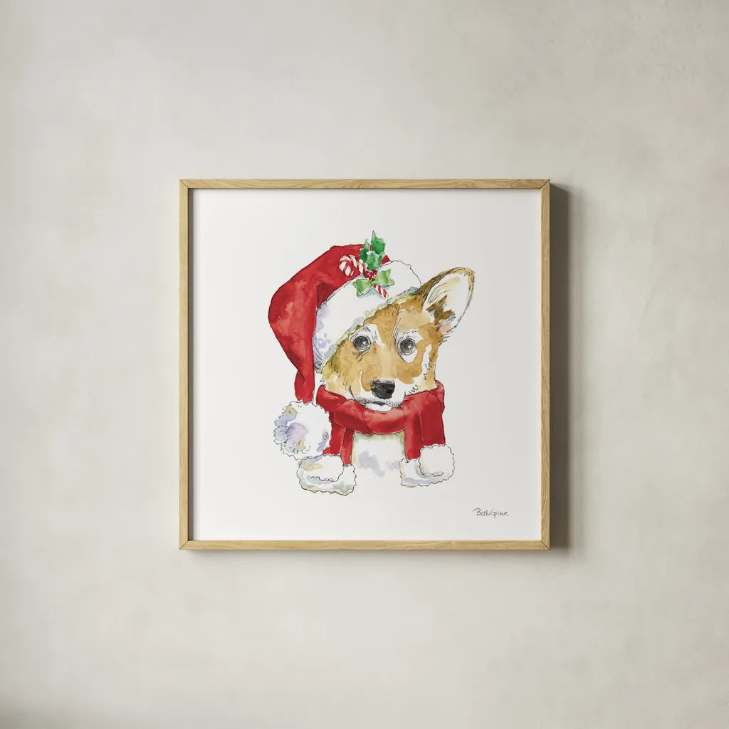 Holiday Paws VIII on White by Beth Grove. Shown in a natural wood glass frame for a timeless modern aesthetic. Available as an archival giclee rolled canvas, fine art paper, or poster print. SKU 50886a.