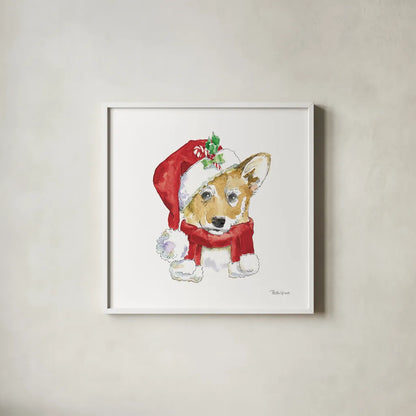 Holiday Paws VIII on White by Beth Grove. Shown in a crisp white glass frame for a clean and minimalist style. Available as an archival giclee rolled canvas, fine art paper, or poster print. SKU 50886a.