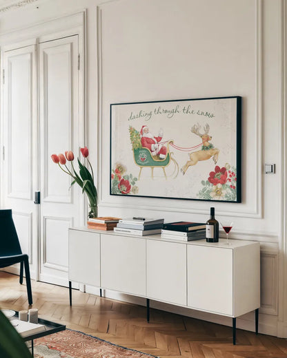 Holiday Traditions I by Beth Grove. shown as a framed stretched canvas in a living room above a console. Available as a archival giclee rolled canvas, fine art paper, or poster print. SKU 86429i.