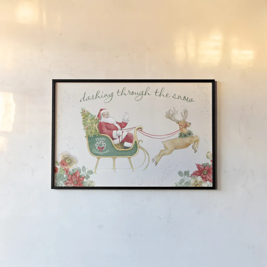 Holiday Traditions I Poinsettia by Beth Grove. shown as a paper print in a black flame. Available as a archival giclee rolled canvas, fine art paper, or poster print. SKU 97640i.