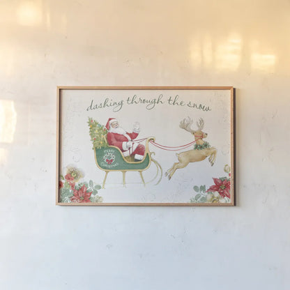 Holiday Traditions I Poinsettia by Beth Grove. shown as a paper print in a natural frame. Available as a archival giclee rolled canvas, fine art paper, or poster print. SKU 97640i.