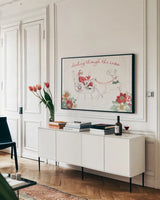 Holiday Traditions I Red by Beth Grove. shown as a framed stretched canvas in a living room above a console. Available as a archival giclee rolled canvas, fine art paper, or poster print. SKU 86443i.
