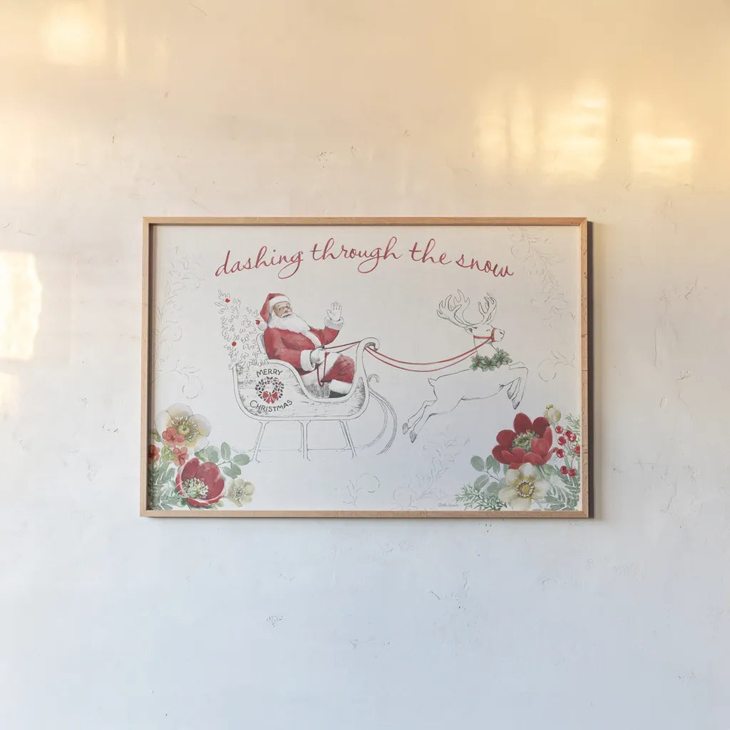 Holiday Traditions I Red by Beth Grove. shown as a paper print in a natural frame. Available as a archival giclee rolled canvas, fine art paper, or poster print. SKU 86443i.