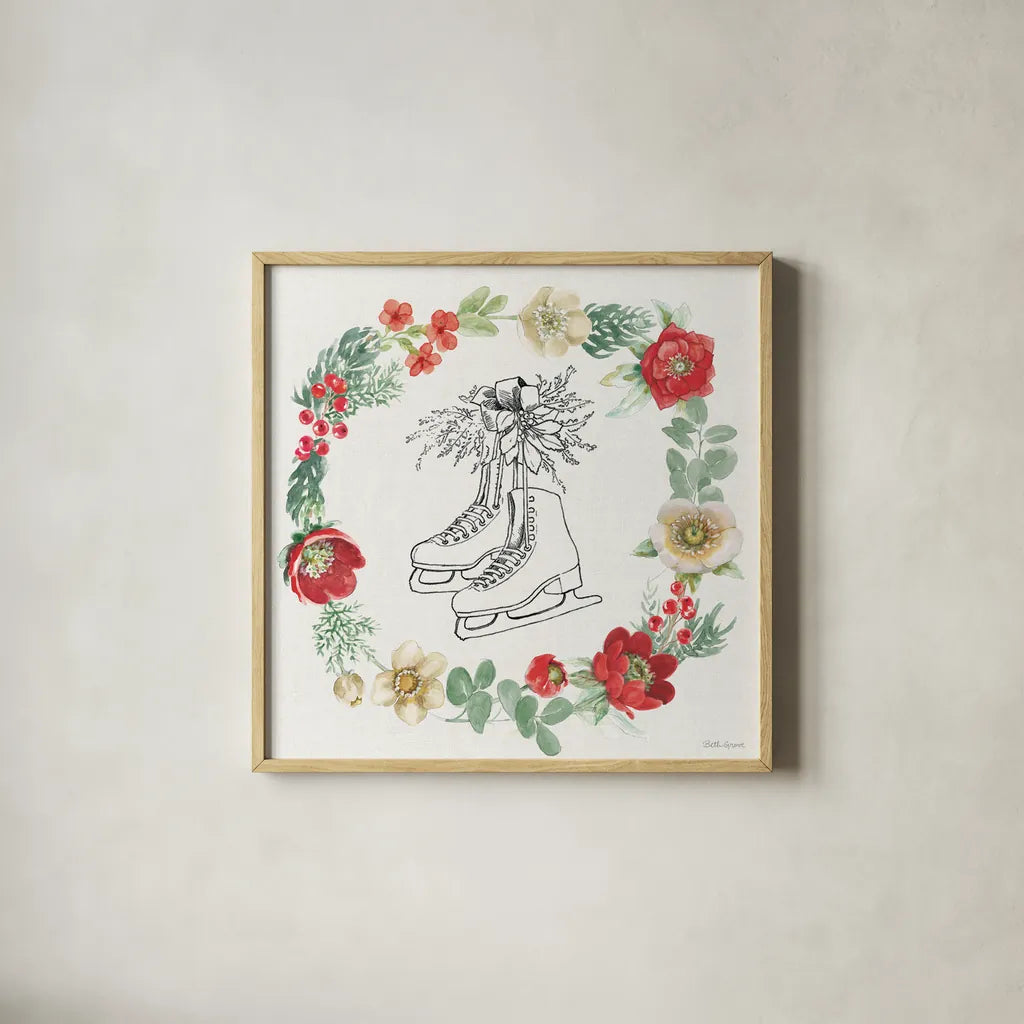 Holiday Traditions VII by Beth Grove. Shown in a natural wood glass frame for a timeless modern aesthetic. Available as an archival giclee rolled canvas, fine art paper, or poster print. SKU 86435a.