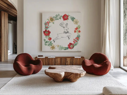 Holiday Traditions VIII by Beth Grove. Shown as extra-large giant wall art in a modern living room. Available as an archival giclee rolled canvas, fine art paper, or poster print. SKU 86436a.