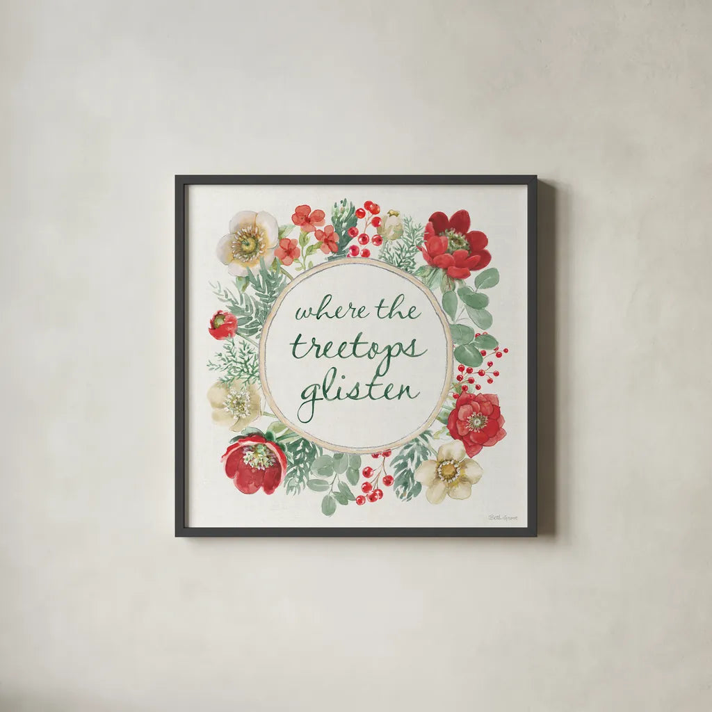 Holiday Traditions X by Beth Grove. Shown in a sleek black glass frame for a contemporary gallery look. Available as an archival giclee rolled canvas, fine art paper, or poster print. SKU 86438a.