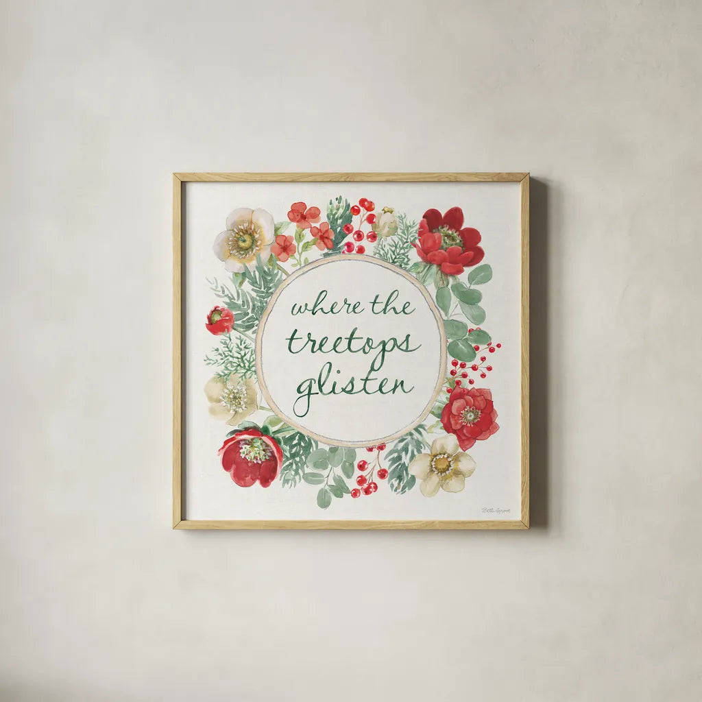 Holiday Traditions X by Beth Grove. Shown in a natural wood glass frame for a timeless modern aesthetic. Available as an archival giclee rolled canvas, fine art paper, or poster print. SKU 86438a.
