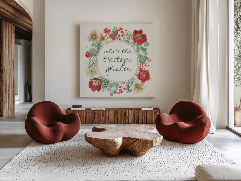 Holiday Traditions X by Beth Grove. Shown as extra-large giant wall art in a modern living room. Available as an archival giclee rolled canvas, fine art paper, or poster print. SKU 86438a.
