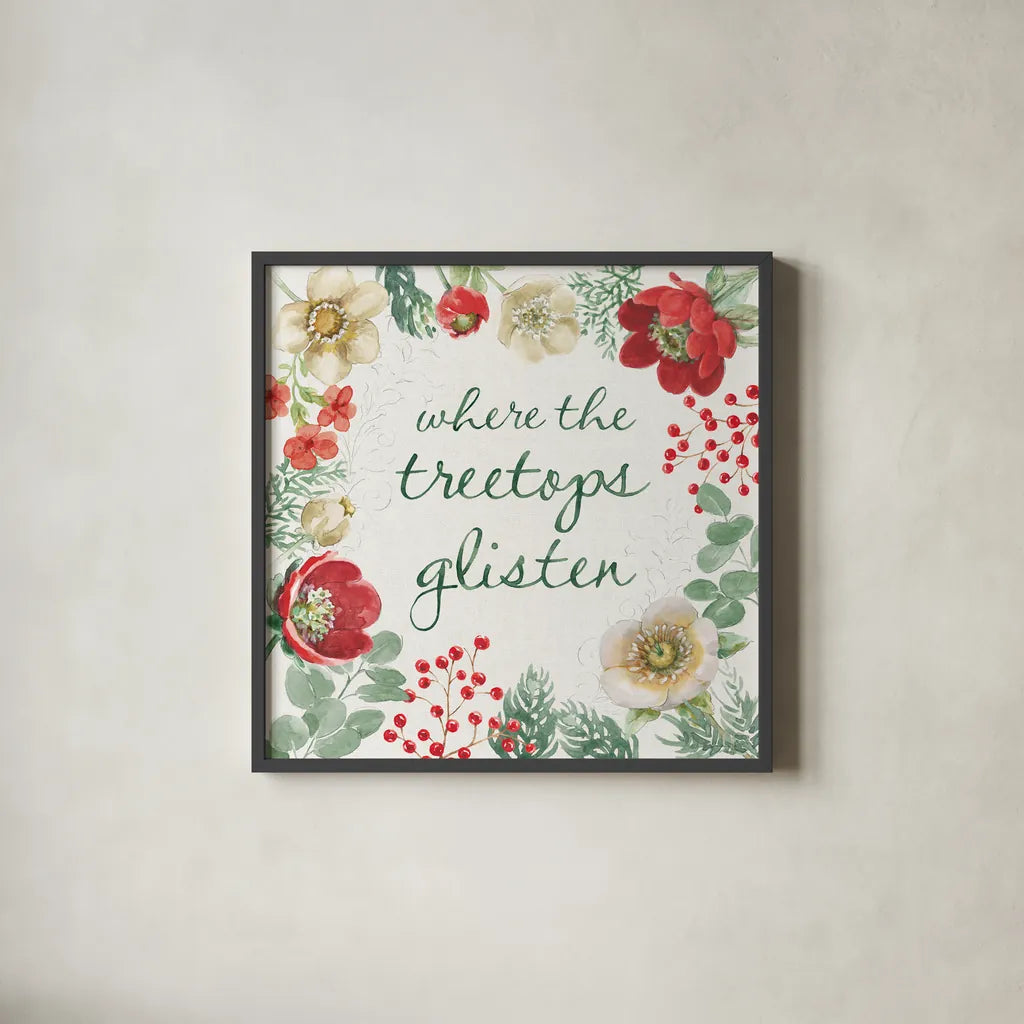 Holiday Traditions XII by Beth Grove. Shown in a sleek black glass frame for a contemporary gallery look. Available as an archival giclee rolled canvas, fine art paper, or poster print. SKU 86440a.