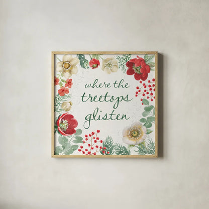 Holiday Traditions XII by Beth Grove. Shown in a natural wood glass frame for a timeless modern aesthetic. Available as an archival giclee rolled canvas, fine art paper, or poster print. SKU 86440a.