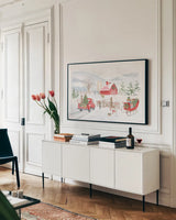 Home For The Holidays I by Beth Grove. shown as a framed stretched canvas in a living room above a console. Available as a archival giclee rolled canvas, fine art paper, or poster print. SKU 81705i.