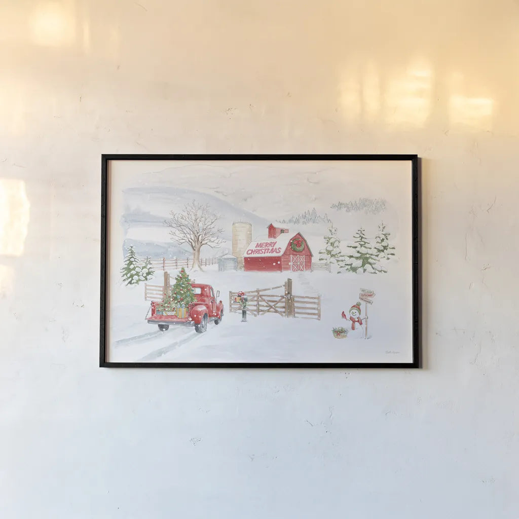 Home For The Holidays I Snowman by Beth Grove. shown as a paper print in a black flame. Available as a archival giclee rolled canvas, fine art paper, or poster print. SKU 81952i.