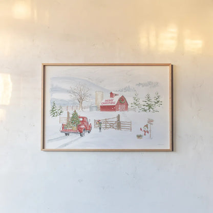 Home For The Holidays I Snowman by Beth Grove. shown as a paper print in a natural frame. Available as a archival giclee rolled canvas, fine art paper, or poster print. SKU 81952i.