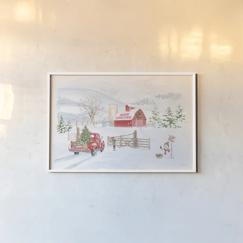 Home For The Holidays I Snowman by Beth Grove. shown as a paper print in a white frame. Available as a archival giclee rolled canvas, fine art paper, or poster print. SKU 81952i.