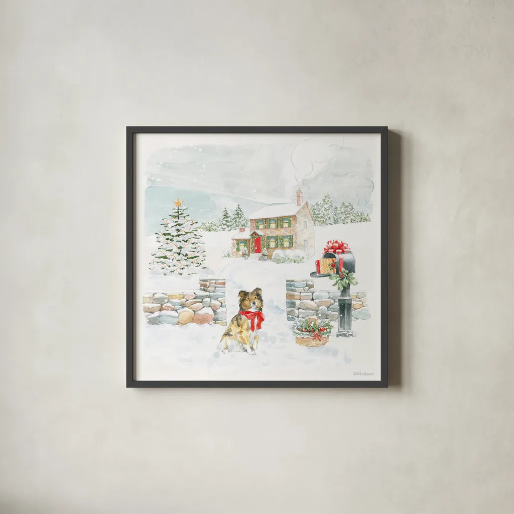Home For The Holidays II by Beth Grove. Shown in a sleek black glass frame for a contemporary gallery look. Available as an archival giclee rolled canvas, fine art paper, or poster print. SKU 81706a.