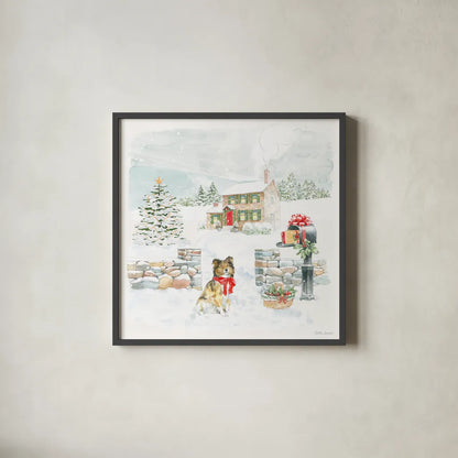 Home For The Holidays II by Beth Grove. Shown in a sleek black glass frame for a contemporary gallery look. Available as an archival giclee rolled canvas, fine art paper, or poster print. SKU 81706a.