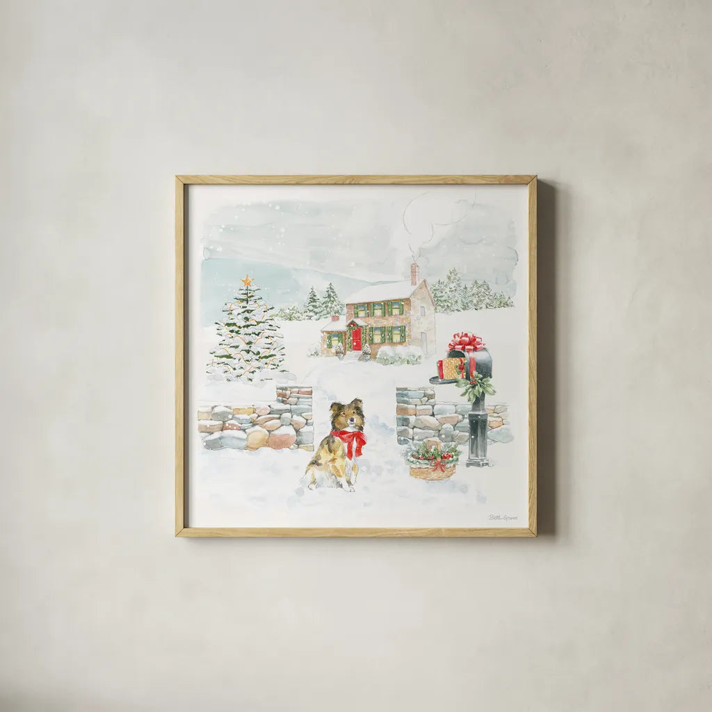 Home For The Holidays II by Beth Grove. Shown in a natural wood glass frame for a timeless modern aesthetic. Available as an archival giclee rolled canvas, fine art paper, or poster print. SKU 81706a.