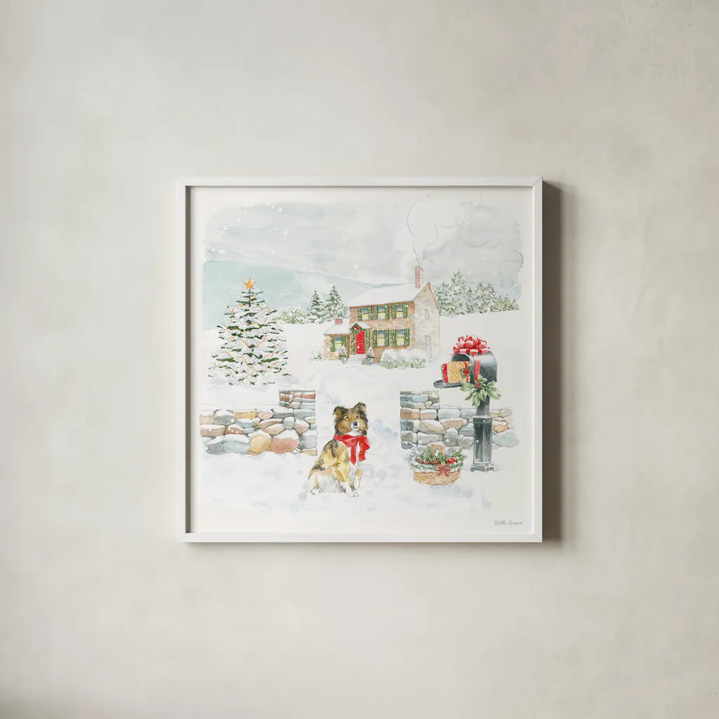 Home For The Holidays II by Beth Grove. Shown in a crisp white glass frame for a clean and minimalist style. Available as an archival giclee rolled canvas, fine art paper, or poster print. SKU 81706a.