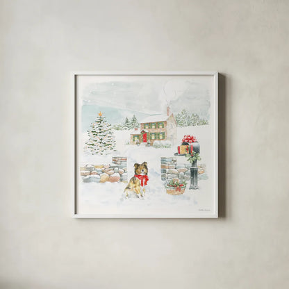 Home For The Holidays II by Beth Grove. Shown in a crisp white glass frame for a clean and minimalist style. Available as an archival giclee rolled canvas, fine art paper, or poster print. SKU 81706a.