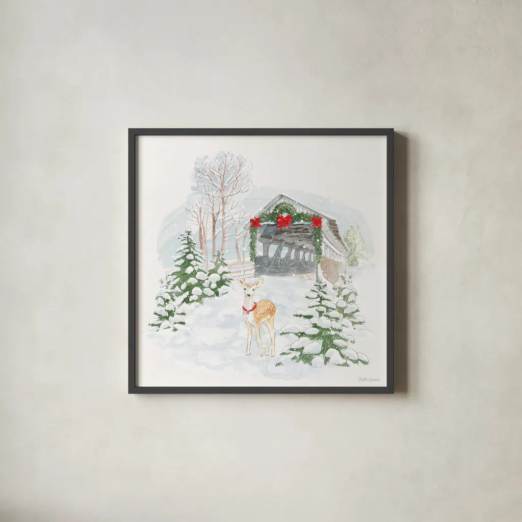 Home For The Holidays III by Beth Grove. Shown in a sleek black glass frame for a contemporary gallery look. Available as an archival giclee rolled canvas, fine art paper, or poster print. SKU 81707a.