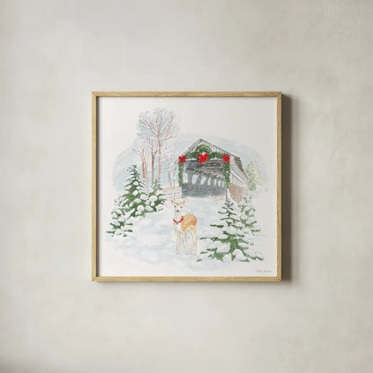 Home For The Holidays III by Beth Grove. Shown in a natural wood glass frame for a timeless modern aesthetic. Available as an archival giclee rolled canvas, fine art paper, or poster print. SKU 81707a.