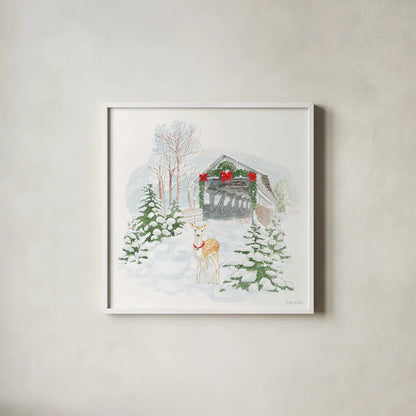 Home For The Holidays III by Beth Grove. Shown in a crisp white glass frame for a clean and minimalist style. Available as an archival giclee rolled canvas, fine art paper, or poster print. SKU 81707a.