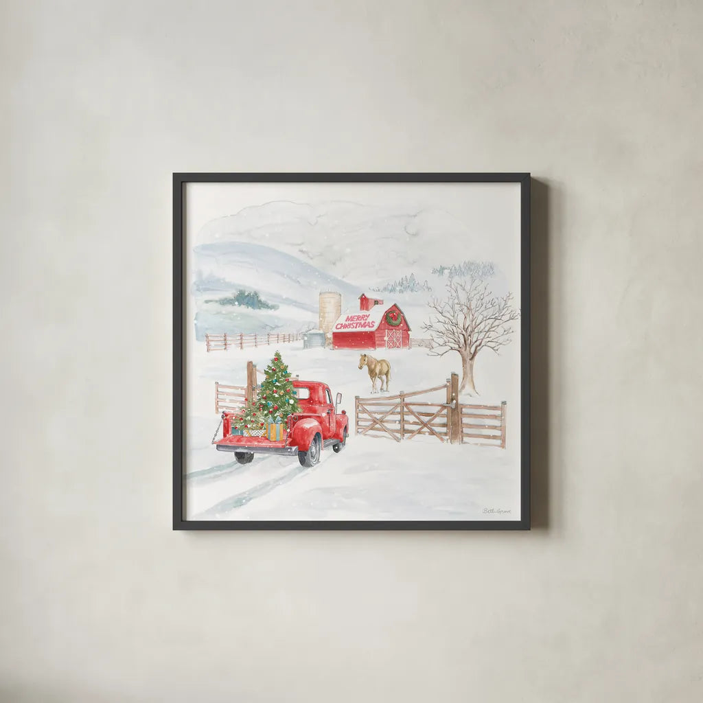 Home For The Holidays IV by Beth Grove. Shown in a sleek black glass frame for a contemporary gallery look. Available as an archival giclee rolled canvas, fine art paper, or poster print. SKU 81708a.
