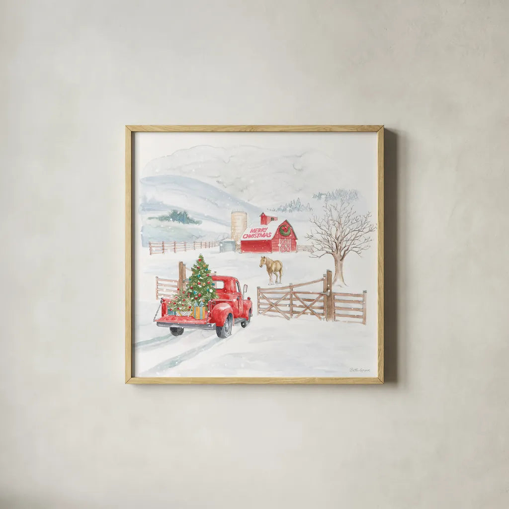 Home For The Holidays IV by Beth Grove. Shown in a natural wood glass frame for a timeless modern aesthetic. Available as an archival giclee rolled canvas, fine art paper, or poster print. SKU 81708a.