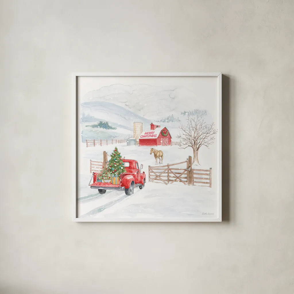 Home For The Holidays IV by Beth Grove. Shown in a crisp white glass frame for a clean and minimalist style. Available as an archival giclee rolled canvas, fine art paper, or poster print. SKU 81708a.