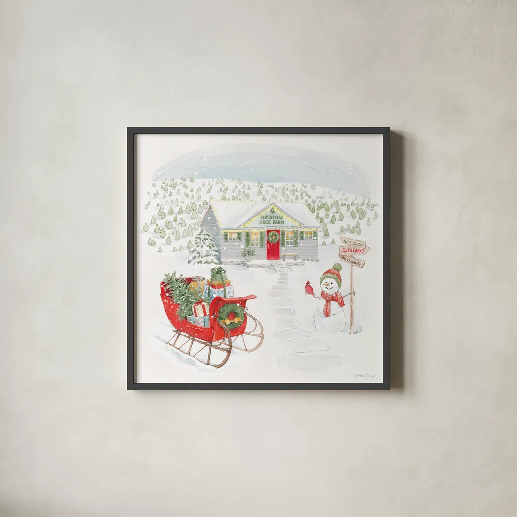 Home For The Holidays V by Beth Grove. Shown in a sleek black glass frame for a contemporary gallery look. Available as an archival giclee rolled canvas, fine art paper, or poster print. SKU 81709a.