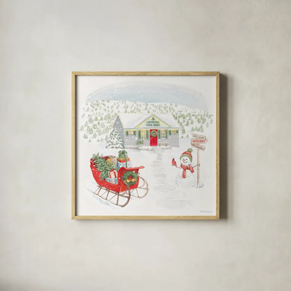 Home For The Holidays V by Beth Grove. Shown in a natural wood glass frame for a timeless modern aesthetic. Available as an archival giclee rolled canvas, fine art paper, or poster print. SKU 81709a.