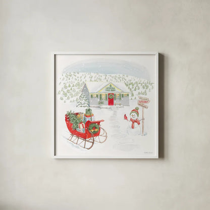 Home For The Holidays V by Beth Grove. Shown in a crisp white glass frame for a clean and minimalist style. Available as an archival giclee rolled canvas, fine art paper, or poster print. SKU 81709a.