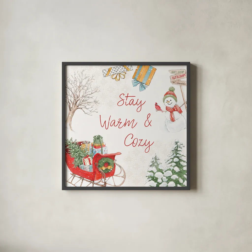 Home For The Holidays VI by Beth Grove. Shown in a sleek black glass frame for a contemporary gallery look. Available as an archival giclee rolled canvas, fine art paper, or poster print. SKU 81710a.